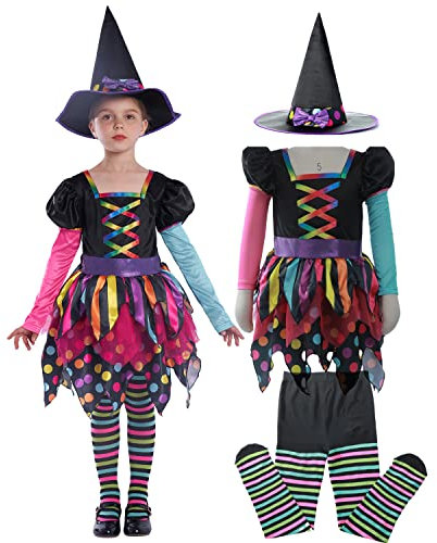 Sincere Party Deluxe Neon Witch Costume with Hat,Tights for Girls 3-4years