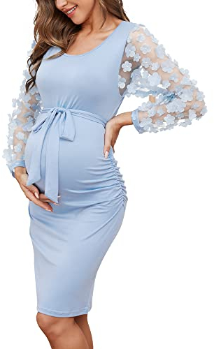 Robe midi de maternité à Manches Longues en Tulle Floral, Robe Moulante de maternité pour l'automne, idéale pour Une Baby Shower ou Une séance Photo, Bleu, Taille M