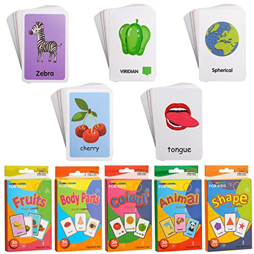 180 Stücke Lernkarten für Kinder - Farben, Formen, Körperteile, Früchte, Tierkarten, Kinder Montessori Lernspiel Englische Fotokarten Wortschatz Lernkarten zur Sprachförderung