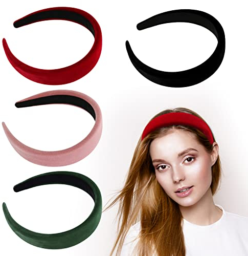Bekecidi 4 PCS Velours Bandeaux Mode Style Doux Large Cerceau De Cheveux Bandeau Extérieur Cheveux Accessoires pour Femmes, Filles(Vin rouge+Rose+Vert foncé+Noir)
