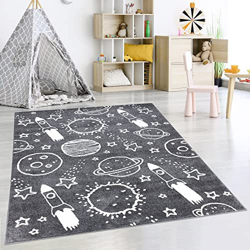 payé Teppich Kinderzimmer Läufer - Grau - 80x150cm - Galaxy Unviersum Weltall Stern Rakete Spielteppich Kinderteppich Kurzflor Weich