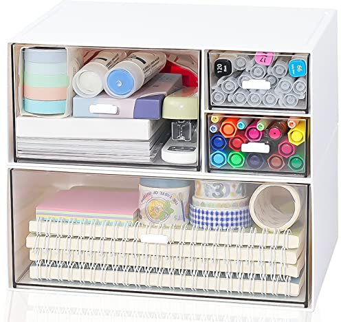 Desk Drawer Organizer, Makeup Organizer Storage Box with 4 Stackable Plastic Drawers, Desk Organizer for Home Collection Cosmetics Office Bathroom Counter Dresser (A)