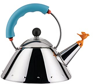 Alessi Kettle 9093/1 LAZ - Kettle with Magnetic Bottom Suitable for Induction Cooking, in 18/10 Stainless Steel Mirror Polished with Handle and Small Bird-shaped Whistle in PA, Light Blue
