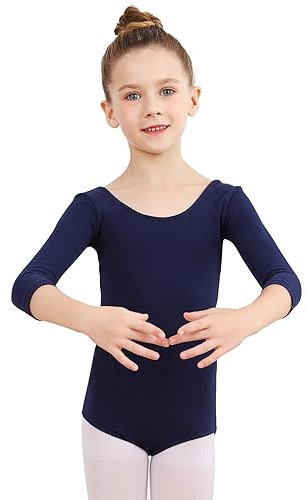 Soudittur Ballettanzug Mädchen, Kinder Ballett Trikot Baumwolle 3/4 Ärmel Ballett Body TanzBody Gymnastikanzug Turnanzug für Damen Größe 140, Marineblau