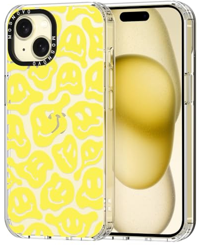 MOSNOVO für iPhone 15 Hülle – Durchsichtige, schlanke, stoßfeste TPU+PC-Handyhülle, [6,6 Fuß Fallschutz/Anti-Abziehen] - Geschmolzenes gelbes Lächel-Gesicht
