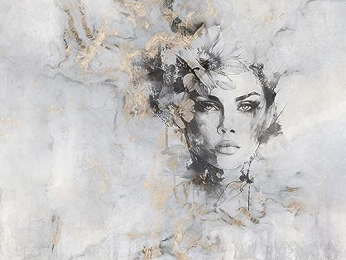 Muralo - 3D Non-Woven Wallpaper - Photo Wallpaper 3D Effect - Wallpaper for Living Room Bedroom Wall Wallpaper - Abstract Photo Wallpaper - Woman with Flower on Concrete Motif - Width 208 cm x Height