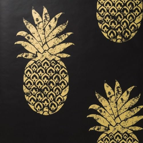 Tobago Ebony Black Wallpaper - Pineapple Design Metallic Gold Effect - Modern Contemporary Paste The Wall