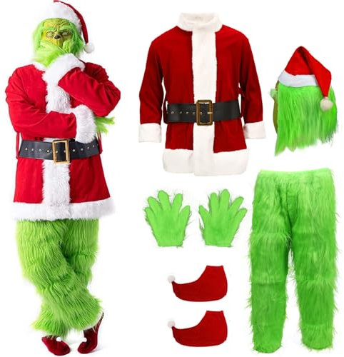 Yearsahrk Grinch Costume da Babbo Natale per adulti, costume da mostro verde, 7 pezzi, per uomo, Halloween, cosplay