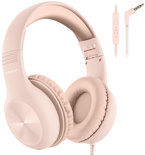 Nabevi Kopfhörer Kinder, Kinder Kopfhörer mit Kabel, 85/94dB Lautstärkegrenze, HD-Stereoton, Sharing-Funktion, Faltbare Over-Ear Kinderkopfhörer mit Mikrofon für Schule/Reise/Tablet/iPad, Sand Rosa