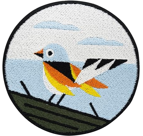 Finally Home Patch zum Aufbügeln - Geometrischer Vogel | Natur Aufnäher Patch, Vögel Aufbügelbilder, Feder Patches zum Aufnähen, Bunte Tier Bügel Patches, Origami Bügelbild, Runde Bird Flicken
