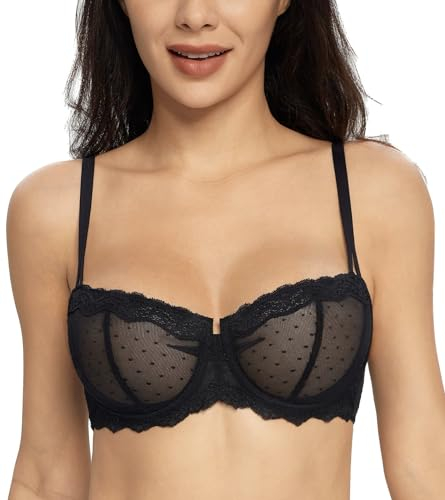 Lemorosy Damen Dirndl BH mit Bügel Push Up Spitze Balconette BH Halbschale Durchsichtig BH (Schwarz,80C)