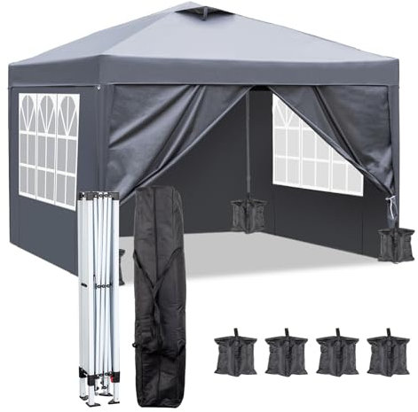 Outopee 3m x 3m Ez Pop Up Canopy Tent with 4 SideWalls, 4 Sandbags, Outdoor Gazebo Portable Instant Canopy for Commercial Events, Party, Backyard BBQ, Camping, Grey