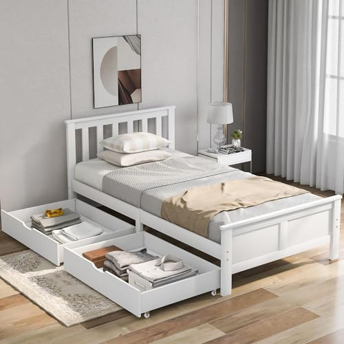 Aptliton Wooden Solid White Pine Storage Bed with Drawers Bed Furniture Frame for Adults, Kids, Teenagers 3ft Single (White 190x90cm)