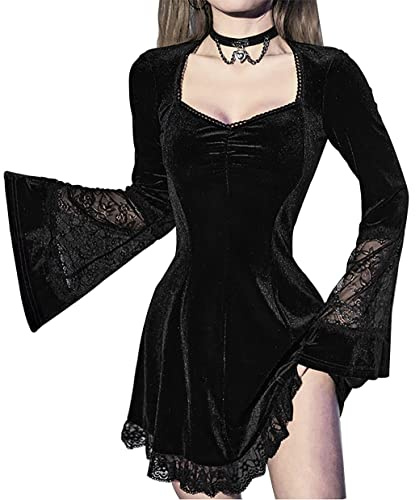 XKBHYD Womens Gothic Fairy Dress Flare Sleeve Velvet Dresses Punk Grunge Harajuku Dress Vintage Lace Patchwork Witchy Dress