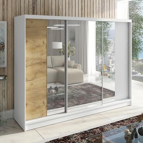 A&J MöbelLand Schwebetürenschrank VIDA, 3-türig Kleiderschrank 200cm mit 4 Schubladen, und Spiegel, Garderobe 200 cm (Weiß/Eiche Kraft Gold/weiß)