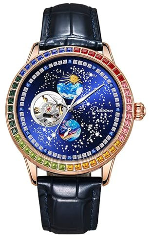 DAXIAOYU Herrenuhr, modisch, Sternenhimmel, Zifferblatt, mechanisch, Handaufzug, Lederband, lässig, Mondphase, Tourbillon, Automatikuhren, Gold 1