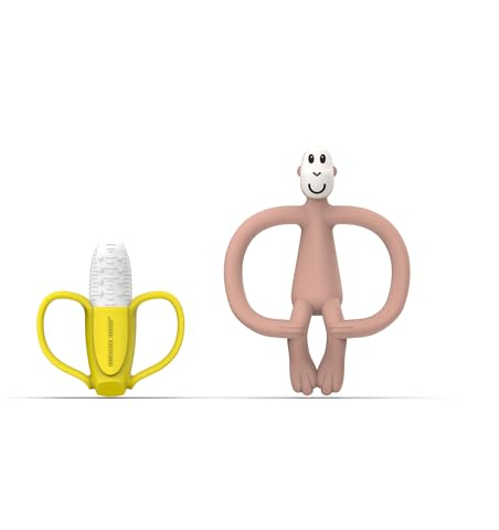 Matchstick Monkey Geschenkset Beißring 2er Set - Antimikrobielle Zahnungshilfe - Gel-Applikator für wundes Zahnfleisch - BPA-frei - leicht zu greifen - ab 3 Monaten - Banane & Affe rosa