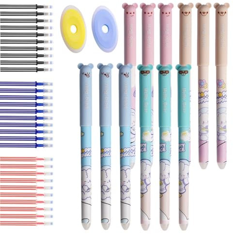 CONNECTION Radierbare Stifte Set 12 Stück Kaninchen Radierbarer Kugelschreiber Cartoon Hase Tintenroller Radierbar mit 30 Nachfüllungen und 2 Radiergummis für Kinder,Schule,Bürobedarf (Mehrfarbig)