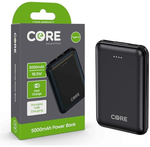 Core Essentials | Power Bank Portable Mobile Phone Charger 5000mAh | USB C/A for iPhone, Samsung, Google | Includes 1 USB C Cable | 2 Full Charge Capacity (5,000mAh Fast Charge)