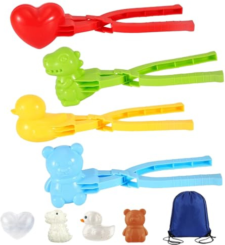 4 Pack Snowball Maker Toys, Sand Molds & Seashell Collecting Bags, Adjustable Shoulder Strap, Outdoor Beach Snow Play Set for Kids Boys Girls