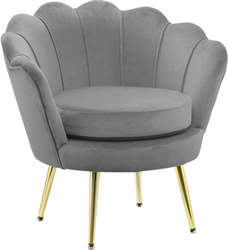 GARDENIA Sessel mit Muschel-Rückenlehne, gepolstert, mit verchromten Beinen, ideal für Wohnzimmer, Schlafzimmer und Büro, Sessel aus Samt, Hellgrau, 77 x 79 x H77 cm Athen XL