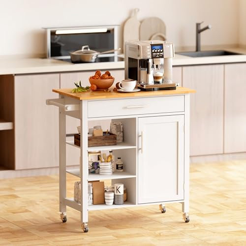 soges Kücheninsel auf Rollen Servierwagen Küchenwagen Küchenschrank Rollwagen mit Regalen, Schublade & Handtuchgriff, Weiß 80 x 47 x 115 cm