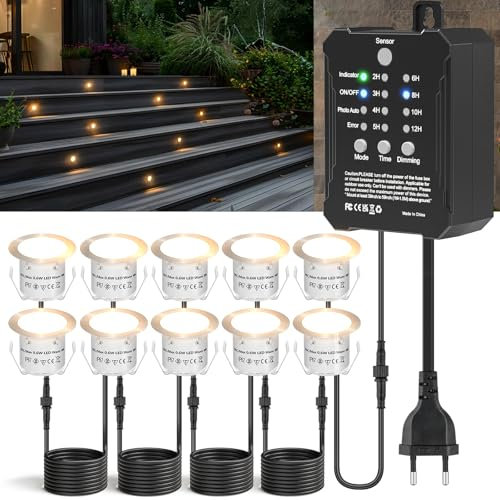 Pack of 10 Dimmbar Bodeneinbaustrahler Aussen mit Niedervolt Transformator Timer und Photozellensensor, 0,6W Ø32mm Warmweiß Terrassen Einbaustrahler IP67 Wasserdicht Led Einbaustrahler Terrasse Garten
