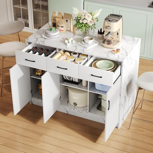 Isla de cocina grande 120 x 60 x 90,5 cm, 3 cajones y 3 puertas, diseño de mármol blanco, estantes ajustables, cajones silenciosos, diseño de área de bar - Utensilios de cocina elegantes y prácticos