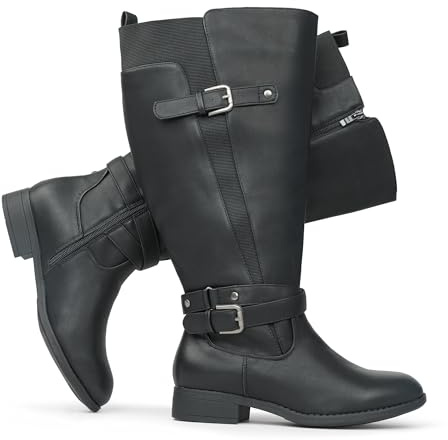 Chicblooms Damen Reitstiefel mit extra breitem Schaft, niedrigem Absatz, Knöchelriemen, schlankes Design, kniehohe Stiefel