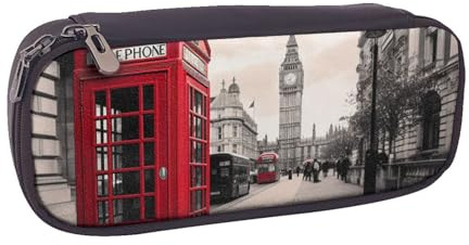MKNAZ Red Phone Booth London Street Printed Pu Leather Pencil Case Box Flip Pen Bag and Makeup Cosmetic Holder for Girls Boys School Students