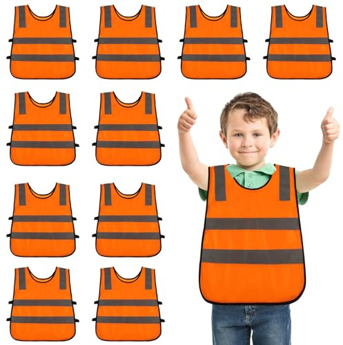 SUNOYA 10 Stück Warnweste Kinder, Warnwesten Auto Kinder Sicherheitswesten, Reflektierende Sicherheitsweste für 3-12 Jahre, Reflektorweste für Schule Sport Laufen Radfahren Straßenverkehr