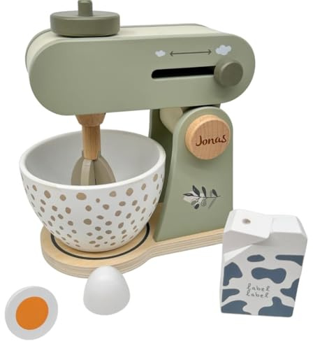 Personalizable Robot de Cocina de Madera Verde Oliva – con función batidora & Bol Mezclador, fomenta la Creatividad – para niños a Partir de 3 años – Personalizado con Nombre – Label Label