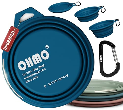 OHMO Bebedero Perro Portátil con Anillo de Acero Inoxidable Integrado (800ml, Azul Pavo Real), Cuenco Plegable de Agua de Silicona para Perros Medianos y Grandes, Cuencos Portátiles de Viaje Plegables