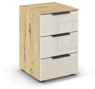 Rauch Möbel Flipp, Nachttisch, Glas Beige/Eiche Artisan, Maße 40x61x42 cm | Nachtkommode, 3 Schubladen, mit Glasfront, Soft-Close-Funktion, für Schlafzimmer, Kinderzimmer, Jugendzimmer, Gästezimmer