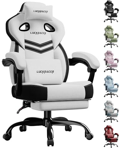 LUCKRACER Gaming Stuhl Stoff, Bürostuhl mit verbundenen Armlehnen, Memory-Schaum-Kissen, 90–155° Neigungswinkel und Fußstütze, strapazierfähigem Funktionsgewebe, Weiß