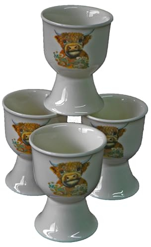 Highland Cow Egg Cups, Ceramic Breakfast Eggcup Set with Highland Cow Image, 4 Pack