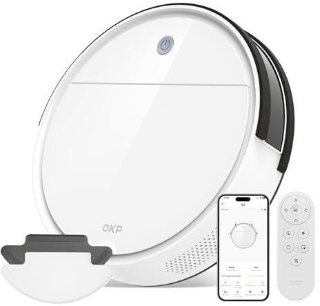 OKP K5 Robot Aspirapolvere con Telecomando, 2500Pa, 120 Minuti, Sottile 7,8 cm, Silenzioso, 4 Modalità Di Pulizia, Compatibile con panni monouso, Wi-Fi/App/Alexa, Ideale per Peli Animali e Pavimenti