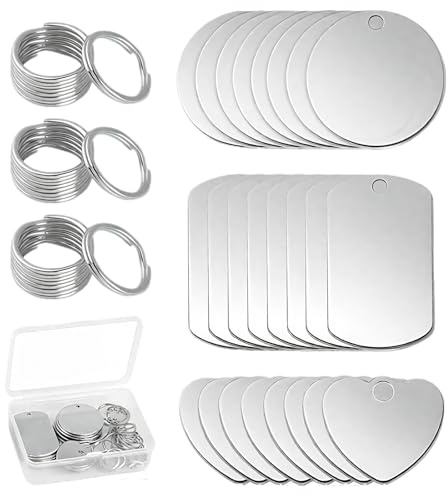 24 Piezas Etiqueta de Acero Inoxidable en Blanco, Chapa Perro Grabada | Redondo/Rectangular/Corazón, Chapa Acero Inoxidable con Llavero para Placa Identificativa Collar y Llavero