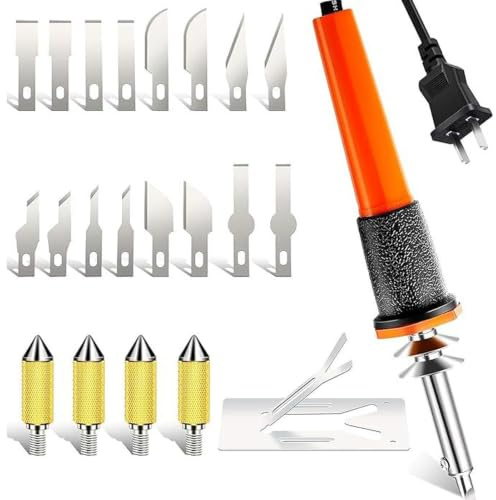 LICAEVEY Kit Taglierina a Caldo Elettrica con 16 Lame, Coltello a Caldo Multiuso da 30 W per Schiuma, Plastica, Tessuto, Gomma, con Supporto in Metallo e 4 Mandrini da Taglio (Spina europea)