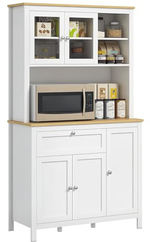 HOMCOM Alacena de Cocina Alta, Mueble Auxiliar de Cocina, con 5 Puertas, Estante Ajustable, Cajón, Encimera Abierta de Microondas, Orificio para Cable, 100x40x180 cm, para Comedor, Salón, Blanco