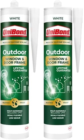 UniBond Outdoor Window and Door Frame Sealant, Premium Silicone Sealant Suitable for Use on Various Materials*, Waterproof and Weather Resistant, White, 1 x 392g Cartridge (Pack of 2)