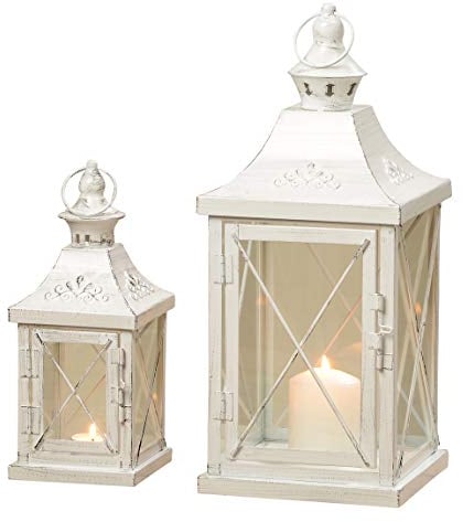 2er Set Innen Außen Laternen Balkon Windlichter Metall weiß Shabby Chic Glas Tür Wohnzimmer Dekoration