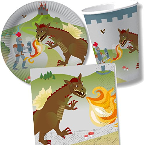 37-tlg. Party-Set * RITTER & DRACHE * mit Pappteller + Servietten + Pappbecher + Deko für Kindergeburtstag | Teller Becher Dekoration Kinder Geburtstag Mottoparty Knight Dragon Drachen