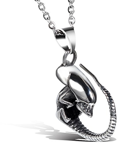 JewelryWe Schmuck Edelstahl Punk Stil Alien Drache Männer Anhänger mit Halskette, Biker Herren Kette, Schwarz Silber, mit Geschenk Tüte