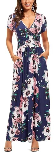 OUGES Women's Summer Casual V Neck Short Sleeve Floral Pattern Wrap Ladies Maxi Long Dress with Pockets(Floral-7,M)