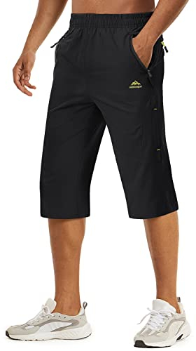 TACVASEN Herren Kurze Cargohose 3/4 Schnelltrocknende Shorts Wanderhose mit Reißverschlusstasche, Schwarz, 32
