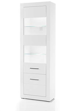 Newfurn Vitrine Vitrinenschrank Modern Holzvitrine II 65x198x 35 cm (BxHxT) II [Hanna.Three] in Weiß/Weiß Hochglanz Wohnzimmer Schlafzimmer Esszimmer Flur Diele
