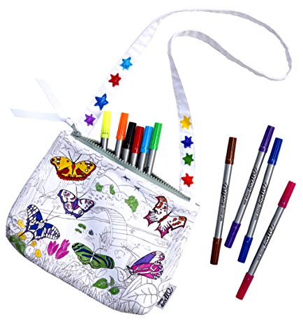 eatsleepdoodle malen Sie Ihre eigene Umhängetasche mit Schmetterlingen aus, waschbar und wiederverwendbar, inkl. 10 auswaschbare Stifte, spielerisches Lernen, 22x18cm