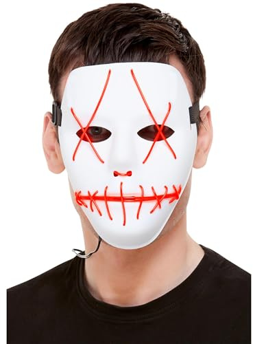 Smiffys Stitch Face Mask, Neon Light Up, White with Elastic Strap, Halloween Fancy Dress Accessory, Adult Dress Up Masks