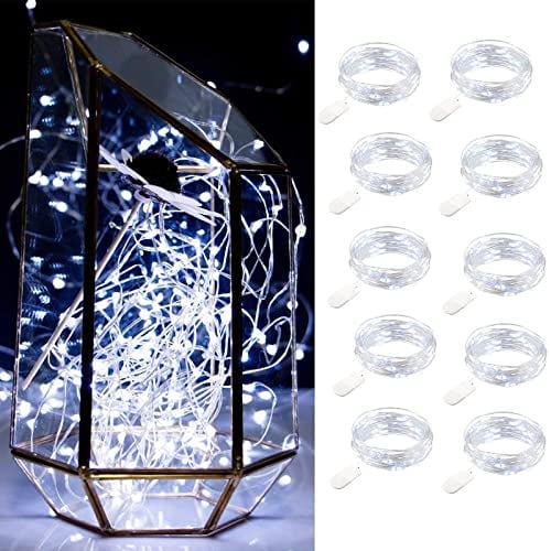 Lot de 10 guirlandes lumineuses LED à piles 1m 10 LED fil d'argent blanc froid étanche bouteille étoile guirlandes lumineuses pour Noël fête de mariage chambre décoration extérieure intérieure